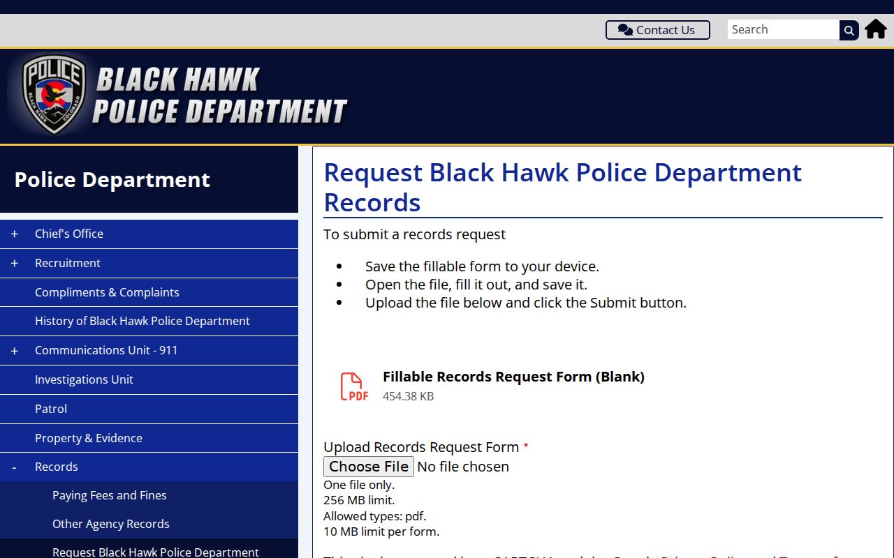 Gilpin County arrest record Black Hawk upload request
