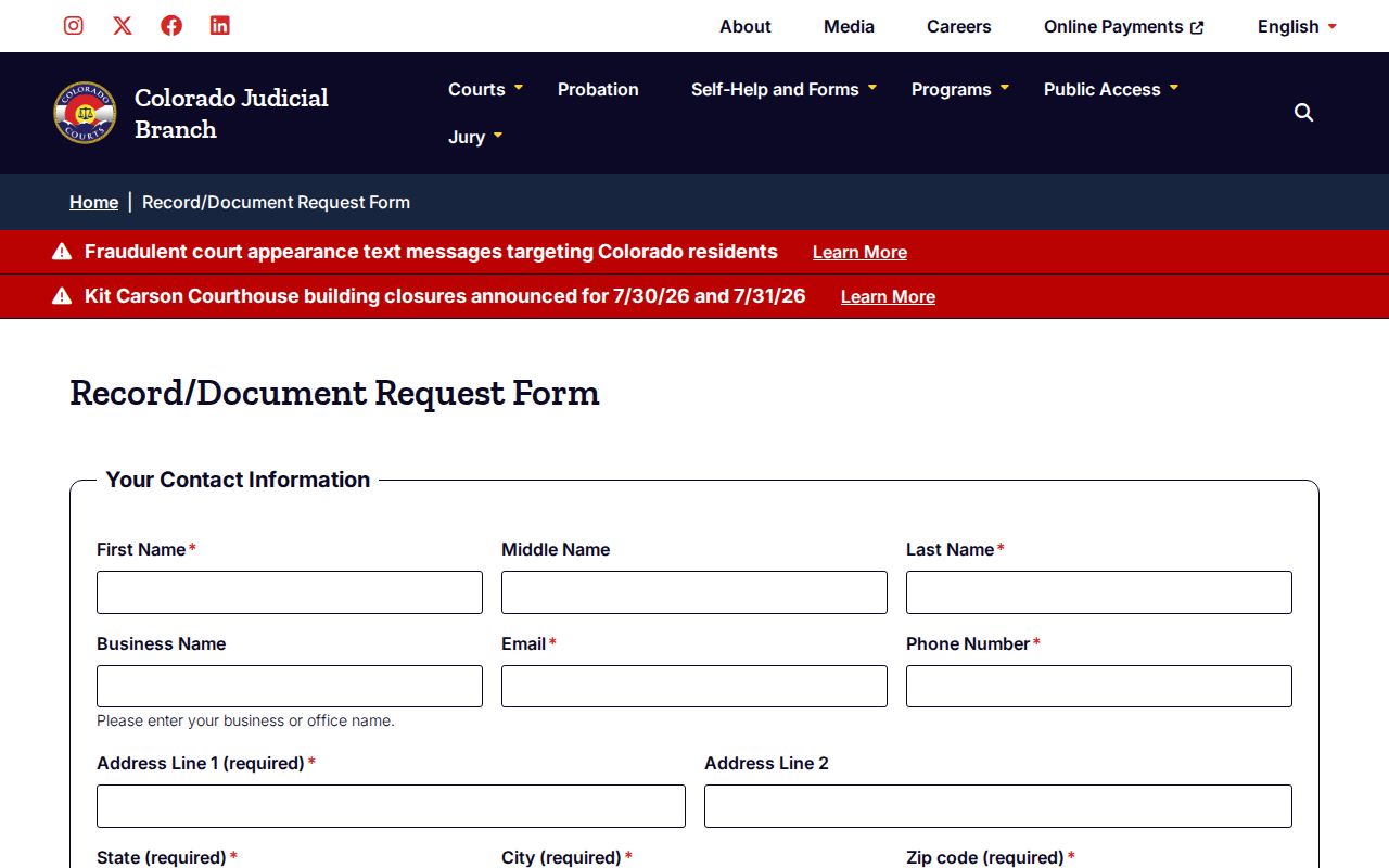 Gilpin County criminal case record request form
