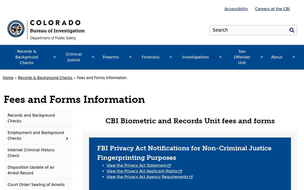 Colorado CBI criminal history fees and forms information