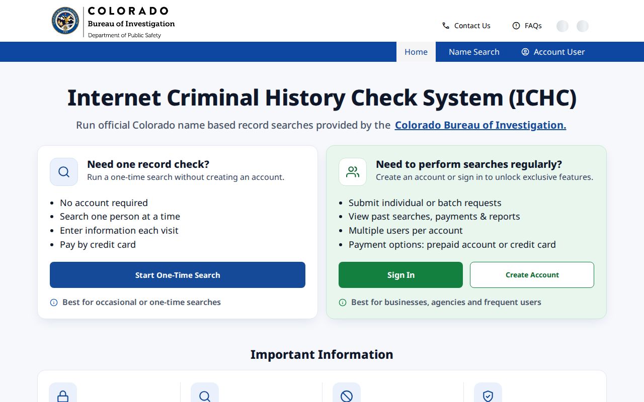 Colorado CBI Internet Criminal History Check search interface